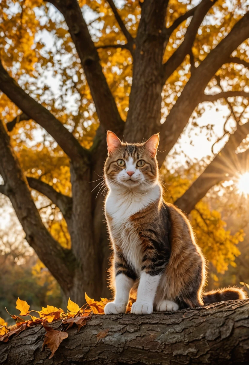 photo of a Cat poised gracefully atop an ancient oak tree, autumn leaves fluttering around, golden hour casting long shadows, backlit, sharp focus on feline, bokeh effect on background foliage, cinematic film still,