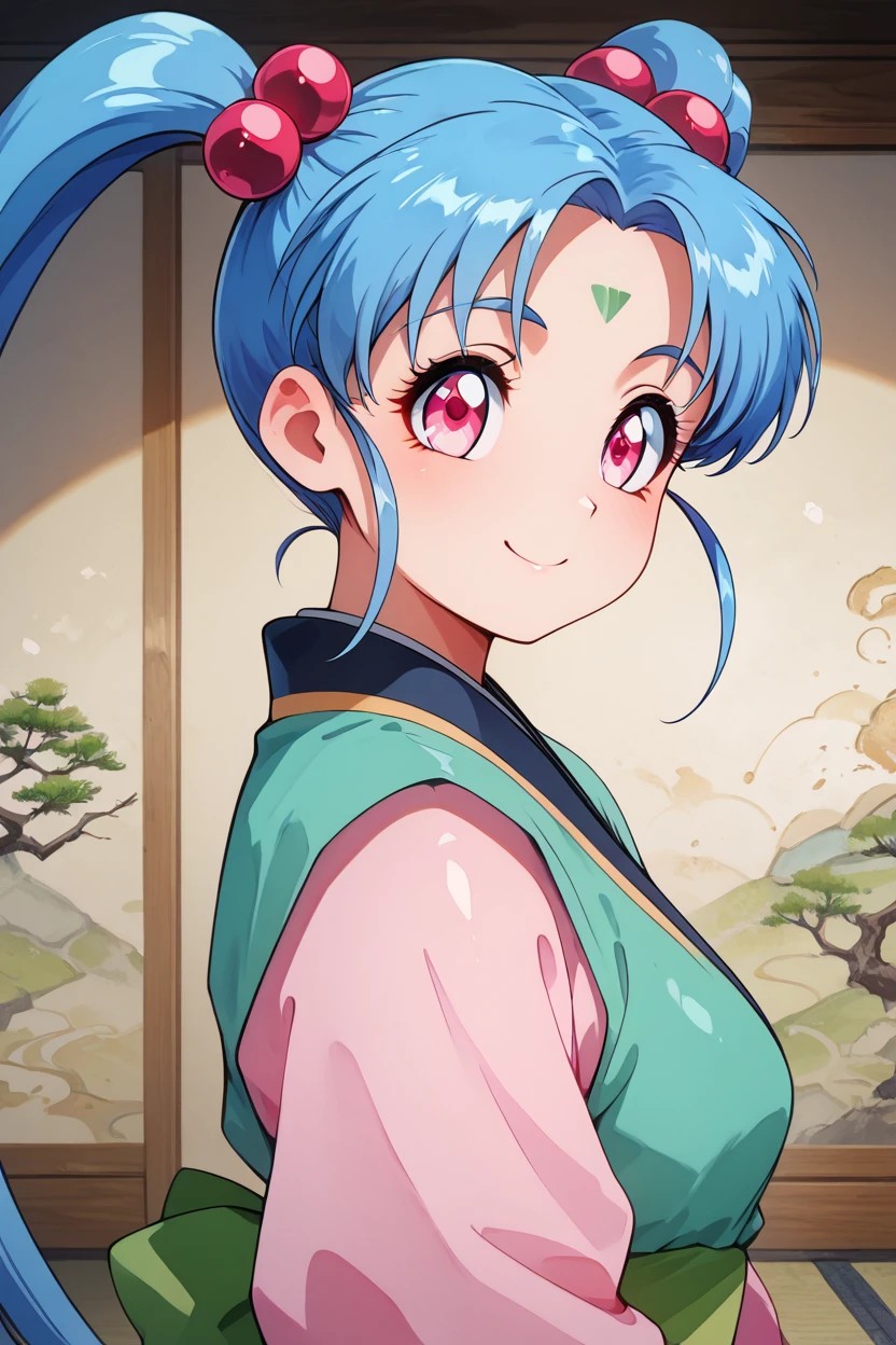 masterpiece, best quality, solo, curvy, beautiful eyes,zzSasami, twintails, long hair, forehead mark, hair ornament, blue hair, facial mark, hair bobbles, pink eyes, long sleeves, japanese clothes,   ,<lora:SasamiIXL_v2:1.0>,   upper body, side view, smile, looking at viewer, shiny skin,