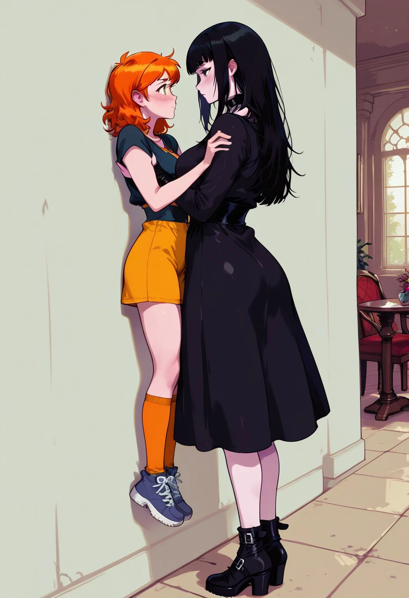 masterpiece, best quality, newest, absurdres, highres, LaurenPhillipsLifting-Meme-IL, multiple girls, 2girls, looking at another, blush, yuri, eye contact, height difference, tall female lifting short female, BREAK 1girl, goth, goth girl, gothic, black hair, tall female, lifting, BREAK 1girl, orange hair, ginger, freckles, blush, lift, short female,