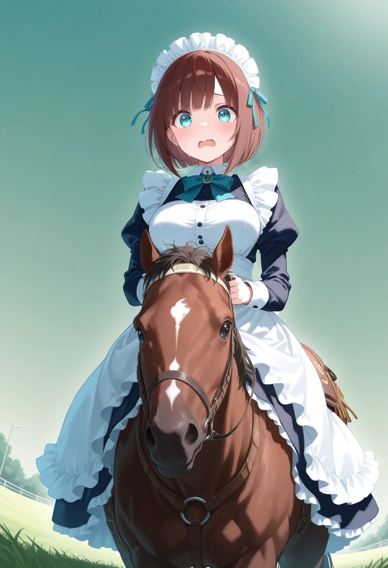 1girl,(sho \(sho lwlw\):0.7),(toosaka asagi:0.5),(sincos:0.3),solo,
masterpiece, best quality, newest, absurdres, CG, anime, source anime, illustration,
maid, maid headdress,medium breasts,
do deuce, 1boy, horse, riding, grass, outdoors, day, saddle, reins,  <lora:dodeuce_Illust_v1:0.8>
from below, fisheye lens, looking ahead, brown hair, aqua eyes,wavy mouth, open mouth, bob cut hair,