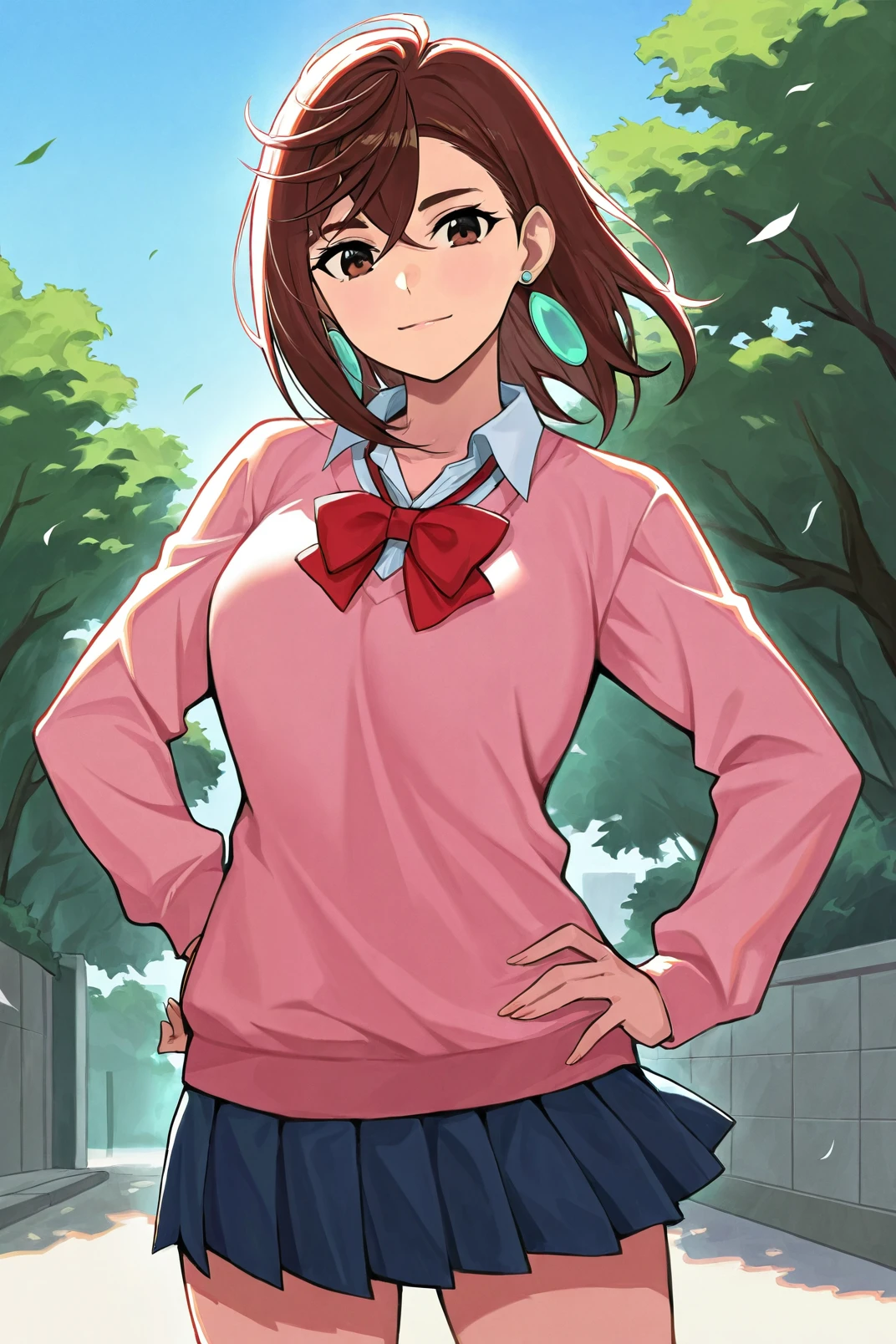 masterpiece, best quality,  absurdres, highres, cinematic light, 1girl <lora:momo_ayase:1> ayase_wz, medium hair, brown hair, brown eyes, large breasts, chocker, red bowtie, pink sweater, pink cardigan, long sleeves, miniskirt, blue skirt, pleated skirt, school uniform, earrings, collared shirt, white shirt, alternate costume, loose socks, white socks BREAK
black outline, soft lighting, looking at viewer, hand on own hip, light smile, wind, tree, school, blue sky,  general