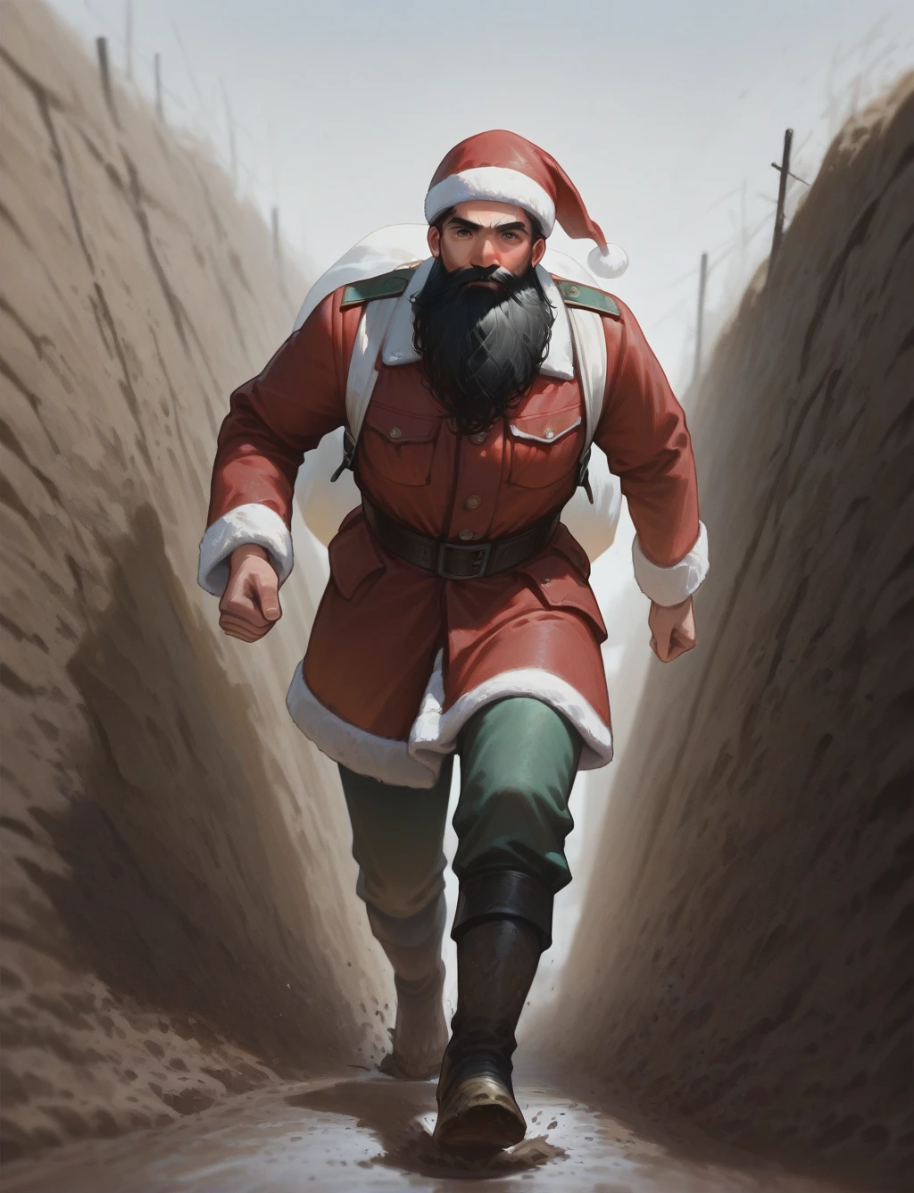 masterpiece,best quality,higres illustration,detailed face,short hair,<lora:trenchwarfare_IL:1>,trench warfare,upper body,santa costume,santa hat,white bag,mature male,running,long beard,1boy,solo