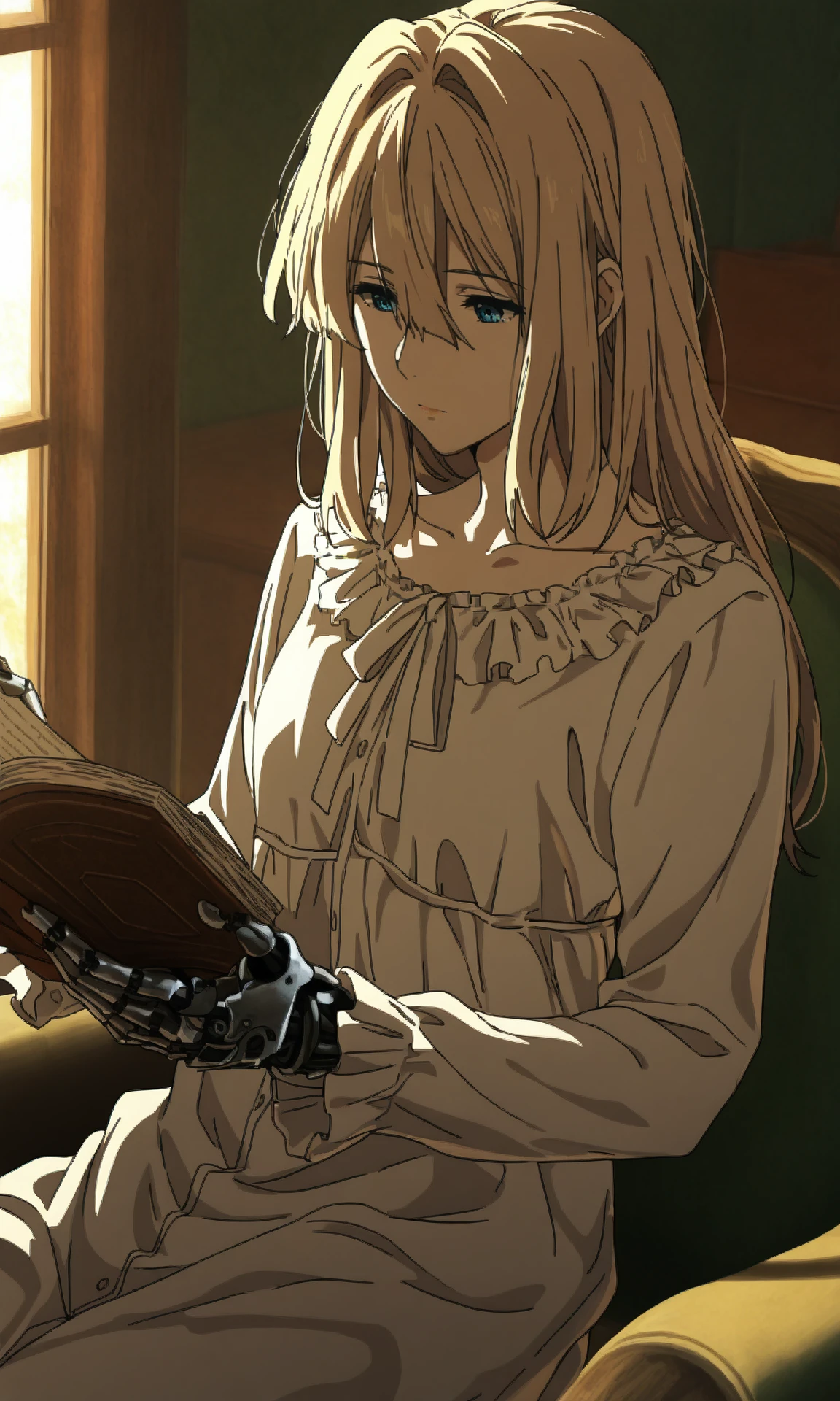 violetmv, 1girl, blue eyes, hairdownhaircut, expressionless, blonde hair, long hair, hair between eyes, hair intakes, cowboy shot, nightoutfit, nightgown, frills, long sleeves, interior, morning, window, mechanical hands, armchair, sitting, reading, book, mature female, (skinny:1), (masterpiece, best quality, very awa, painting \(medium\):1.2)