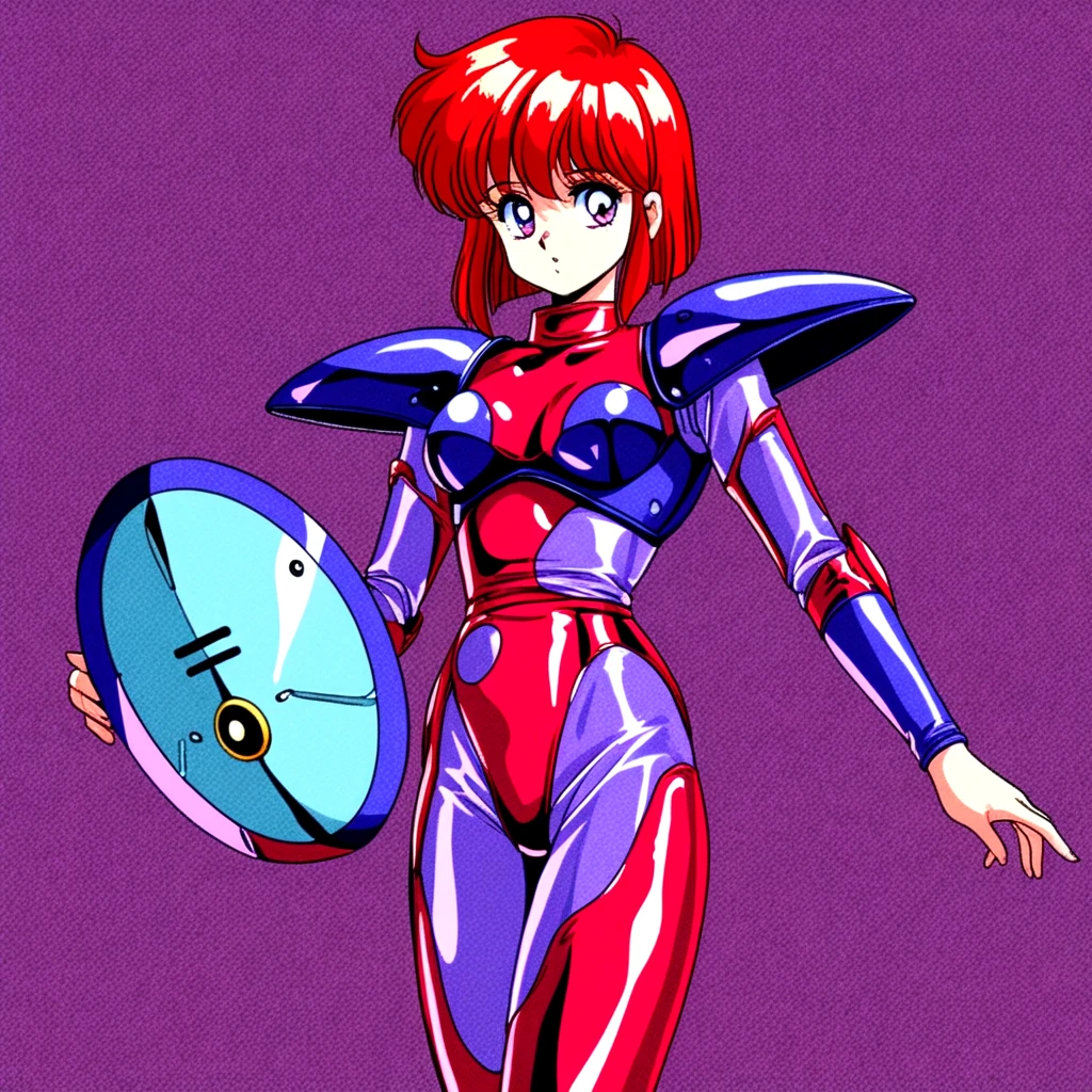 1990's PC, retro_artstyle, 1990s_(style), (halftone:0.3), 1girl, red hair, indigo suits, armor, shield, simple background, <lora:1990sPCstyle_IL_v4:0.3>