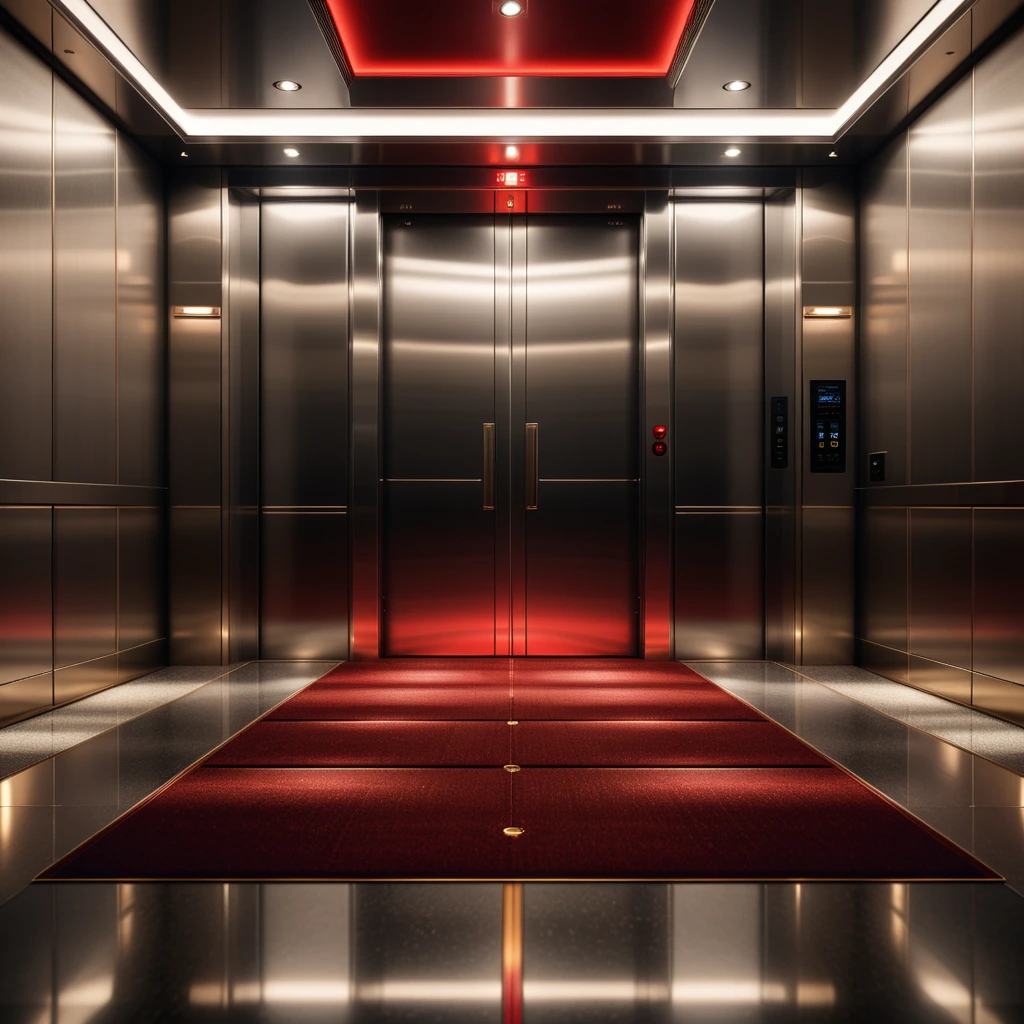 (Simple elevator interior:1.2), Symmetrical composition, Red carpet flooring, (Floor indicator above doors:1.3), Metallic control panel, Polished steel walls, Subtle reflections, (Soft dim lighting:1.2), Shadowed corners, Minimalist details, Subdued ambiance.
<lora:SDXLFaeTastic2400:0.4> <lora:extremely_detailed:0.4> extremely detailed, Masterpiece,best quality,hi res,8k,hi res,8k,award winning,(sharp focus, intricate, highly detailed),