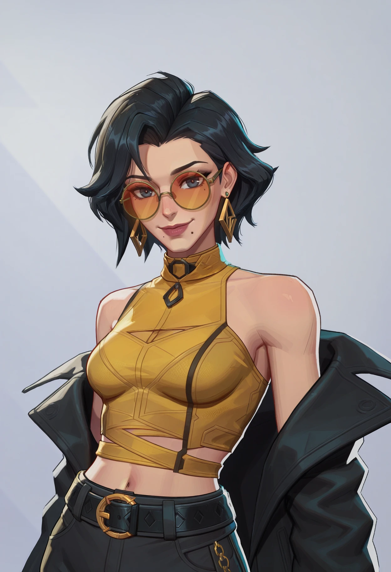 <lora:MarvelRivals:1> r1vals,
1girl, solo, black hair, mole under mouth, earrings, jewelry, mole, jacket, tinted eyewear, sunglasses, smile, off shoulder, belt, sleeveless, simple background, black belt, grey background, looking at viewer, yellow-tinted eyewear, upper body, short hair, round eyewear, breasts, medium hair, midriff, small breasts, bare shoulders, lips, orange-tinted eyewear, pants, black jacket, yellow shirt, coat