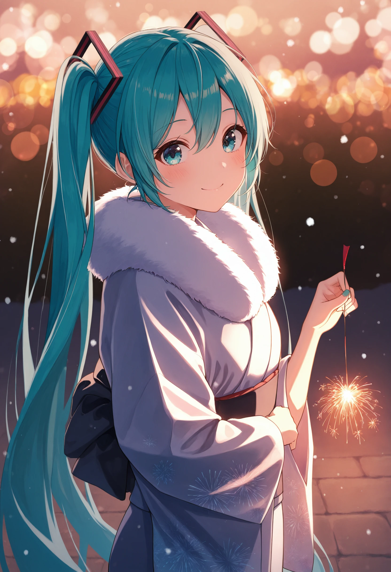 masterpiece, best quality, absurdres, safe
1girl, hatsune miku, senkou hanabi, holding fireworks, sparkler
standing, kimono, from side
looking at viewer, smile
snowing, fur trim, coat
night, aerial fireworks, backlighting, bokeh
<lora:senkou_hanabi_il_d16:1>