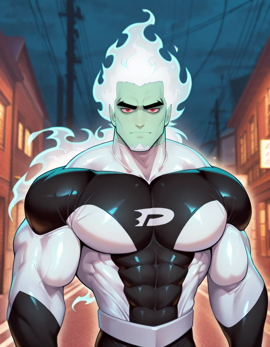 masterpiece, best quality, amazing quality, <lora:DDIL:0.9>, DarkDannyIL, solo, 1boy, muscular, mature male, red eyes, long hair, white hair, fiery hair, green skin, colored skin, male focus, bodysuit, upper body, in street, looking at viewer