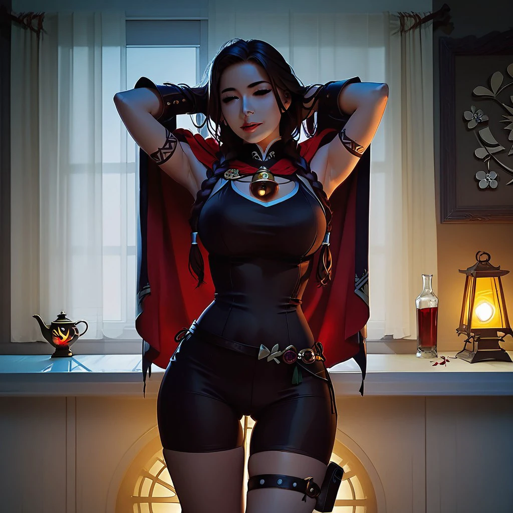 <lora:wzryAKEyp_20230727134341:0.75>single hair bun, high ponytail,hair over one eye, 1girl,cityscape, night, looking at viewer, mature female, jewelry, thighhighs, ninja, elbow gloves, armor,earrings, mole under eye, dress,choker, hair ribbon, belt, bra, red eyes, muscular,