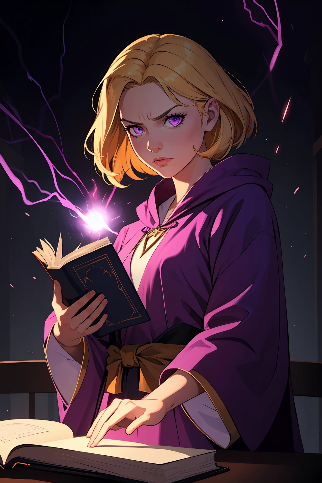 (best quality, masterpiece:1.2), photorealistic, thick outlines, strong shadows, , 1 girl, adult woman, purple eyes, dark blonde lob hair, looking down, solo, upper body, detailed background, detailed face, evil mage, pink magical robes, determined expression, purple color scheme, dark green light, library, evil book, dark atmosphere, shadows, realistic lighting, floating particles, sparks, surrounded by yellow lightning , blue arcane symbols, bloom, ,,<lora:add_detail:0.2>,<lora:LightingVFX:0.2>,<lora:GoodHands-beta2:1>