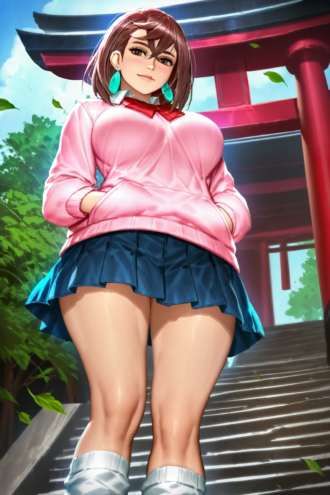 masterpiece, best quality,  absurdres, highres, cinematic light, 1girl <lora:momo_ayase:1> ayase_wz, medium hair, brown hair, brown eyes, large breasts, chocker, red bowtie, pink sweater, pink cardigan, long sleeves, miniskirt, blue skirt, pleated skirt, school uniform, earrings, collared shirt, white shirt, alternate costume, loose socks, white socks BREAK
soft lighting, looking at viewer, standing, hand in pocket, from below, stairs, torii, temple, nature, tree, blue sky, wind, falling leaves, light smile, general, neoartcore,