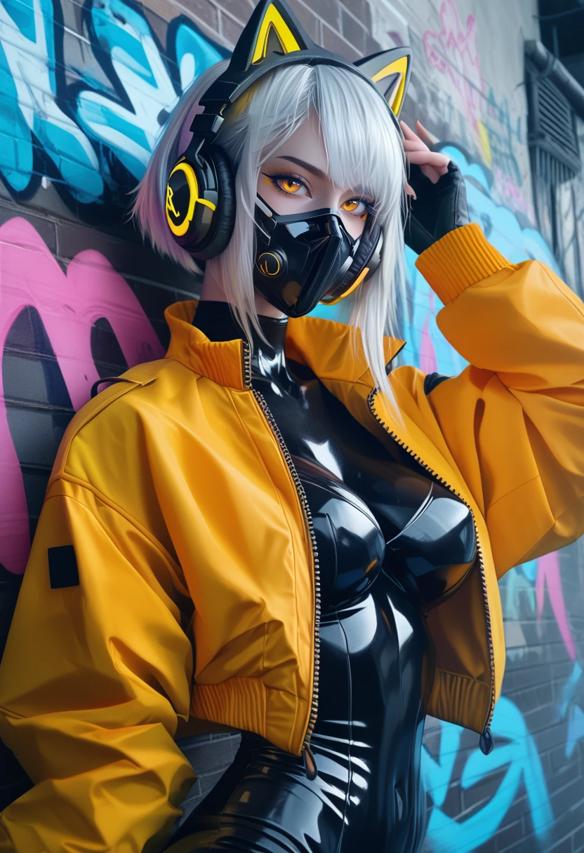 score_9, score_8_up, score_7_up, score_6_up, 
1girl, sk997cos_bodysuit, sk01 jacket, sk04 mask, cat ear headphones, yellow jacket, 
white hair,
short hair ,
  perfect eyes,
close up, portrait, large breasts, against wall, graffiti, dim lighting, alley, looking at viewer, dynamic pose, 
cyberpunk city,neon lights, photorealistic, realistic,
 <lora:997sk cosplay PonyV3:0.8>