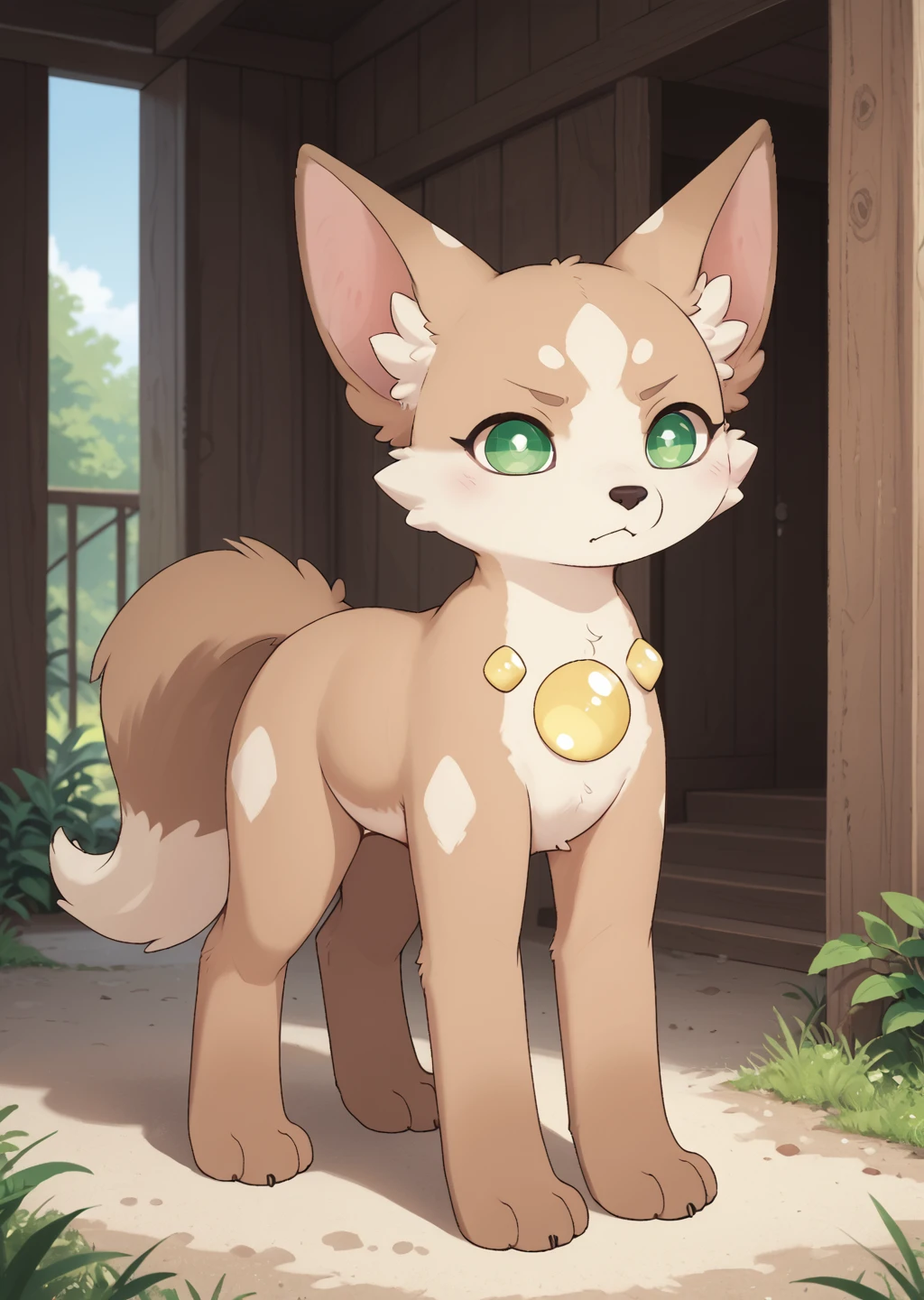 score_9, score_8_up, score_7_up, score_6_up, score_5_up, score_4_up, sfw, detailed, full body, cute female furry feral (inukoyu:1.4), dog, brown two-tone fur, yellow details, green eyes, fox tail, solo, stabding, grumpy, nature background, source_furry  <lora:Philikkahn [Pony]_epoch_12:0.85> philikkahn, feral, chest gem