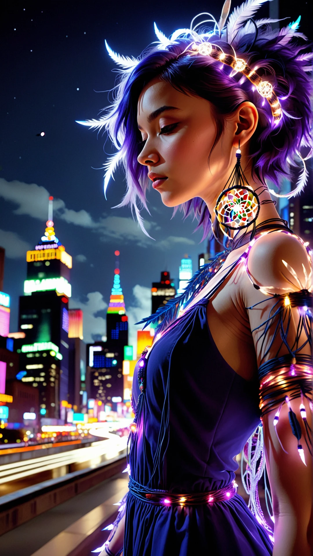 A video game graphic image of a ChristmasLightsStyle A woman with short, spiky hair that shifts between hues of indigo and violet, like the shadows on a moonlit night, stands amidst a sprawling metropolis, her eyes closed as if attuned to an unheard melody, her slender fingers weaving a dreamcatcher from glowing neon threads that pulse in rhythmic synchrony with the city's vibrant energy, the web-like pattern of the dreamcatcher shimmering with an ethereal light that seems to capture the essence of sound waves, as if the very fabric of noise has been distilled into this radiant, pulsating entity, the surrounding cityscape a kaleidoscope of colorful lights and towering skyscrapers that appear to hum with the vibrations of a thousand distant melodies, the air thick with the reverberations of a perpetual, wordless song, the woman's dark, flowing attire seeming to blend seamlessly with the shadows, her presence a harmonious fusion of light and sound, as if she is the living embodiment of the symphony that surrounds her.. <lora:ChristmasLightsStyleSDXL:0.8>