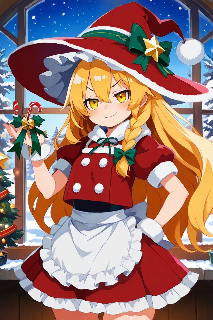 masterpiece, best quality, solo, curvy, beautiful eyes,<lora:KirisameMarisaTouhouIXL:1.0>, zzMarisa, yellow eyes, hair between eyes, blonde hair, hair bow, long hair, very long hair, single braid, bow, braid, hat, witch hat with a festive red and white Santa theme, waist apron styled with red fabric and white fur trim, short sleeves, holiday-themed red and white accents, puffy sleeves, puffy short sleeves, hat bow, apron, joyfully decorating a Christmas tree with sparkling ornaments and twinkling lights, snow gently falling outside a frosted window, holding a garland of holly in one hand and a candy cane in the other, cozy and festive atmosphere, warm glow of a fireplace in the background   cowboy shot, hand on hip, smug, smile, looking at viewer, shiny skin,<lora:HaradaTakehitoIXL_v3:1.3>, <lora:ZankuroIXLLight_v2:0.6>,