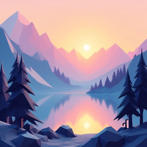 A serene low-poly mountain landscape at sunrise, featuring sharp, angular mountains, a tranquil lake reflecting the light, and low-poly pine trees scattered along the shore. Soft pastel hues of orange and blue dominate the scene, with smooth gradients and minimal shading