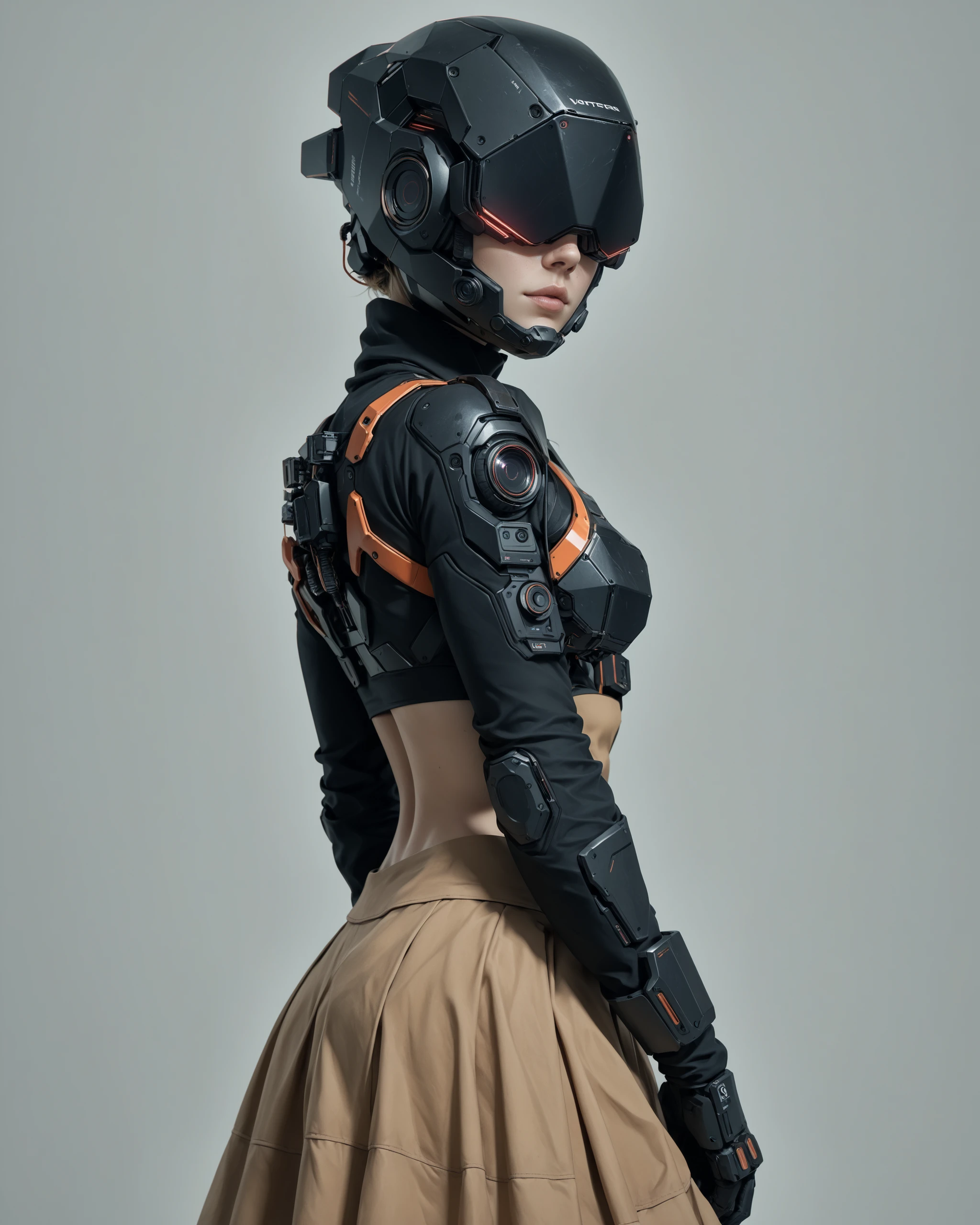 score_9, score_8_up, score_7_up, best quality, high detail, science fiction, 1girl, stdt001, helmet, [covered eyes:vr headset:0.8], from back, head tilt, white background, cowboy shot, posing, angular, crop top, skirt <lora:visormask_spda-000004:1.1>