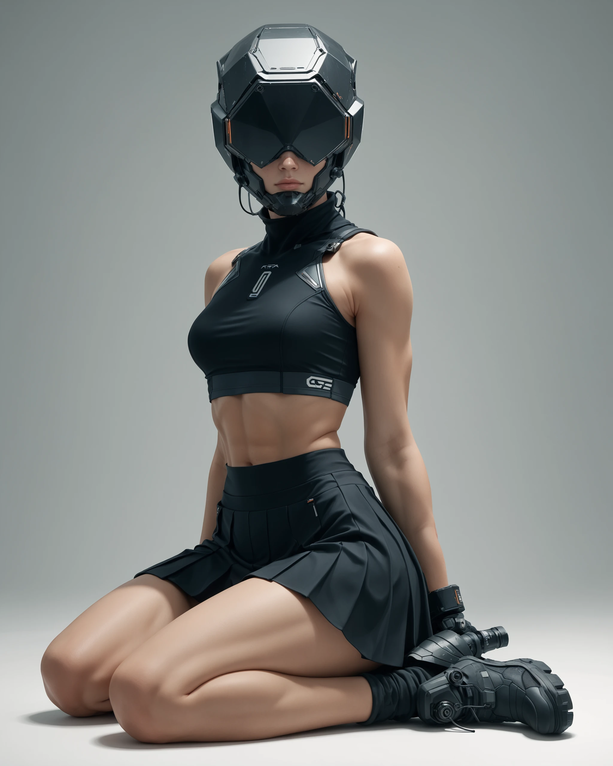 score_9, score_8_up, score_7_up, best quality, high detail, science fiction, 1girl, stdt001, helmet, (covered eyes:1.0), kneeling,  head tilt, white background, angular, crop top, skirt <lora:visormask_spda-000004:1.0>