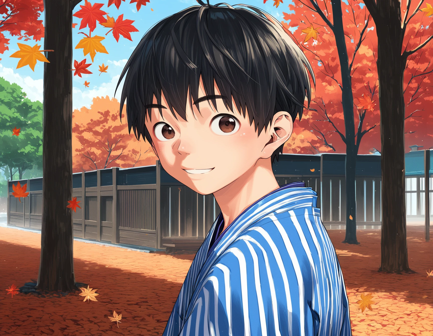 score_8, score_8_up, score_7_up, score_6_up, source_anime, 2015s, outdoors, autumn, trees, autumn leaves, from side, upper body, 1boy, solo, black hair, brown eyes, japanese clothes, yukata, smile, looking at viewer <lora:shounen_zoom-amxl-v7Pe-ShoAI:1>