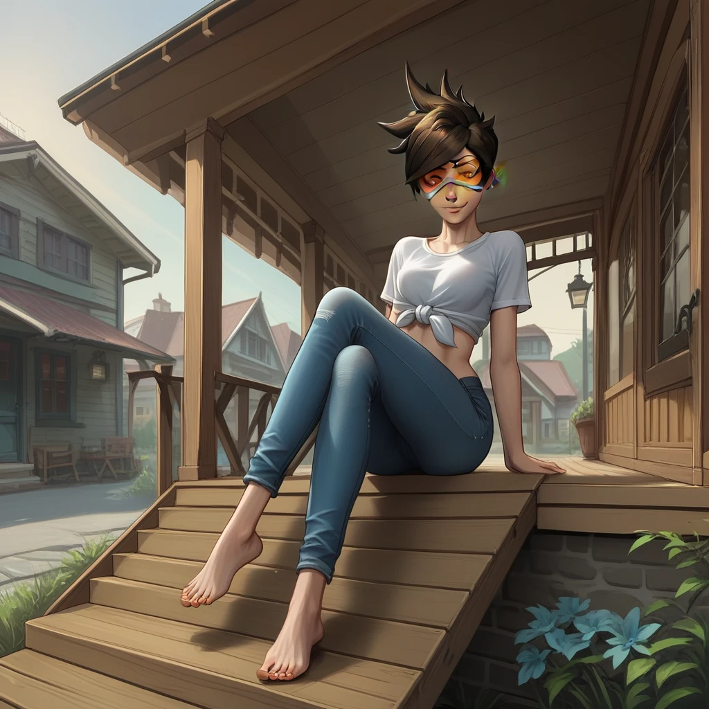 score_9, score_8_up, score_7_up, score_6_up, score_5_up, score_4_up, zPDXL2,source_anime,rating_questionable,  <lora:Front_Porch:0.8> p0rch, outdoors, house, deck, 1girl, solo, looking at viewer, sitting on steps, tracer overwatch, jeans, tied shirt, smile, urban