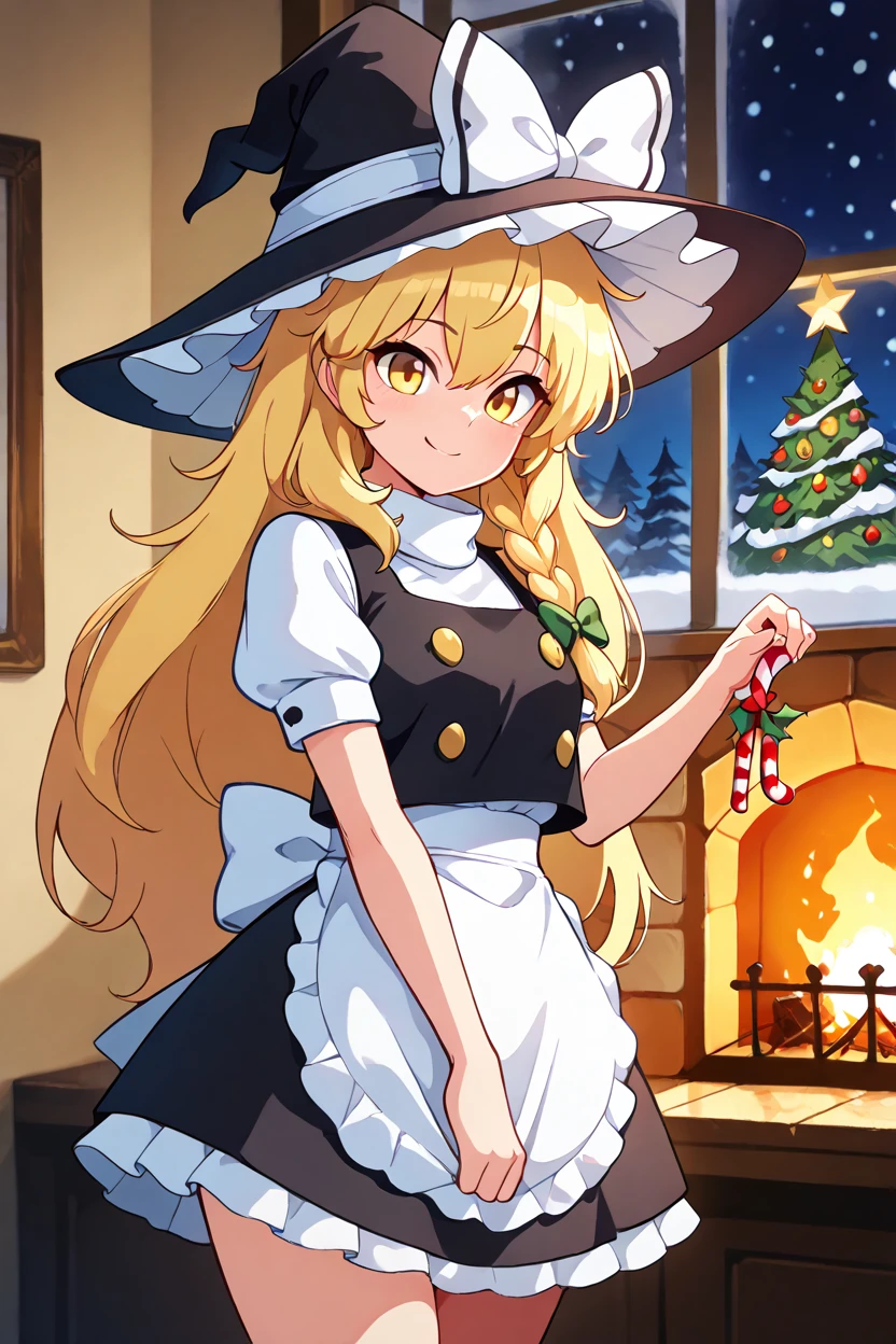 masterpiece, best quality, solo, curvy, beautiful eyes,<lora:KirisameMarisaTouhouIXL:1.0>, zzMarisa, yellow eyes, hair between eyes, blonde hair, hair bow, long hair, very long hair, single braid, bow, braid, hat, witch hat with a festive red and white Santa theme, waist apron styled with red fabric and white fur trim, short sleeves, holiday-themed red and white accents, puffy sleeves, puffy short sleeves, hat bow, apron, joyfully decorating a Christmas tree with sparkling ornaments and twinkling lights, snow gently falling outside a frosted window, holding a garland of holly in one hand and a candy cane in the other, cozy and festive atmosphere, warm glow of a fireplace in the background   upper body, side view, smile, looking at viewer, shiny skin,<lora:DiivesIXL:1.0>,