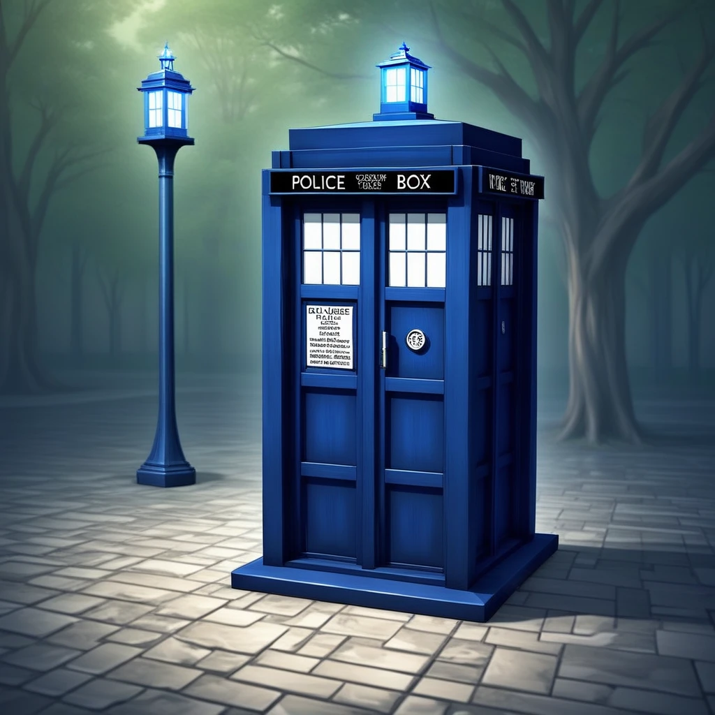 Tardis, tile floor, lamppost, outdoors, watermark, house, tree