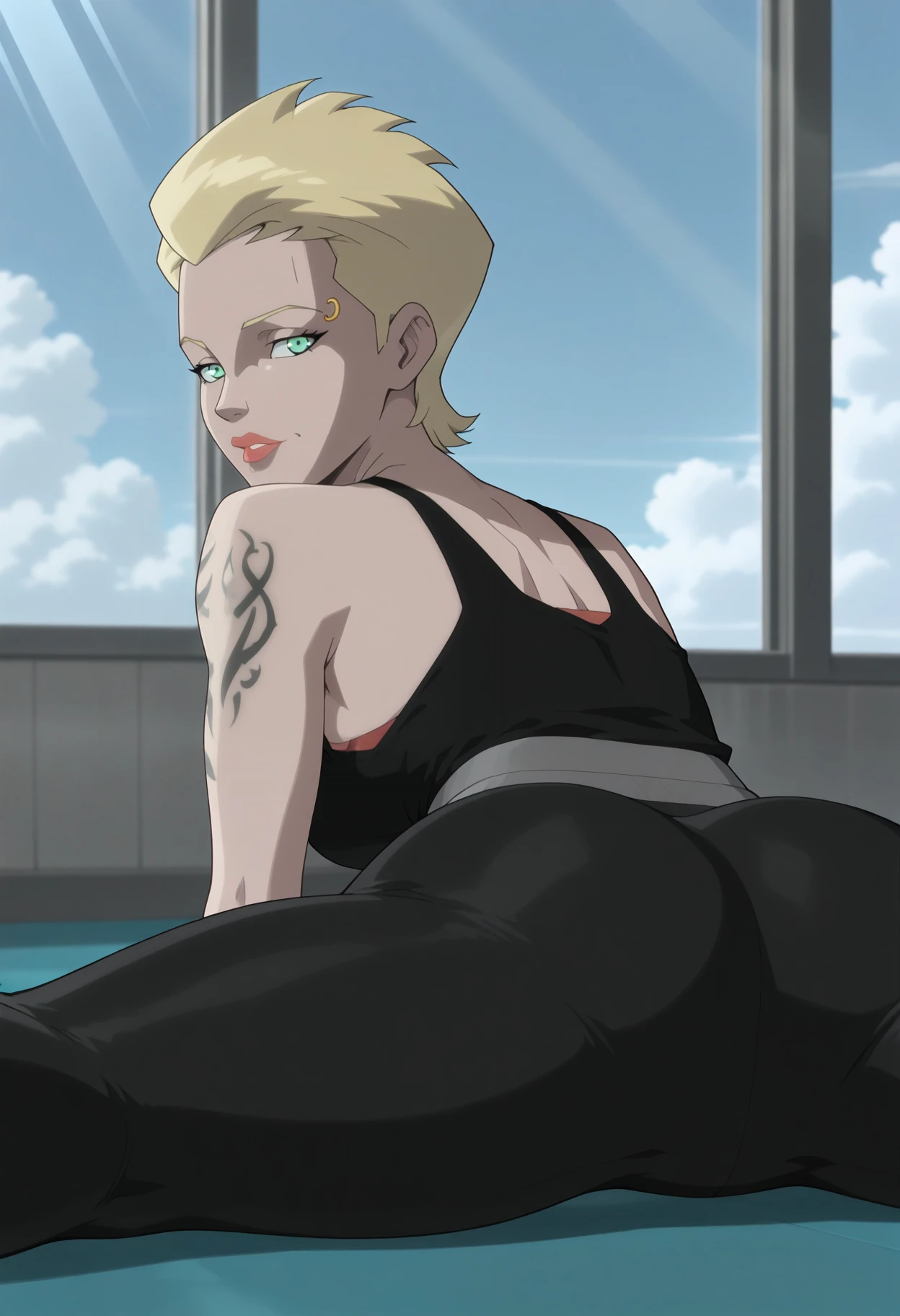 masterpiece, best quality, good quality, newest, <lora:DSARin:1>, DSARin, 1girl, blonde hair, short hair, green eyes, eyebrow piercing, lipstick, breasts, 
shoulder tattoo, cleavage, black tank top, black leggings,
looking at viewer, spread legs, yoga, on floor, black shoes, from behind, crotch focus, looking back, 
BREAK gym, light rays, window, blue sky, cloud,