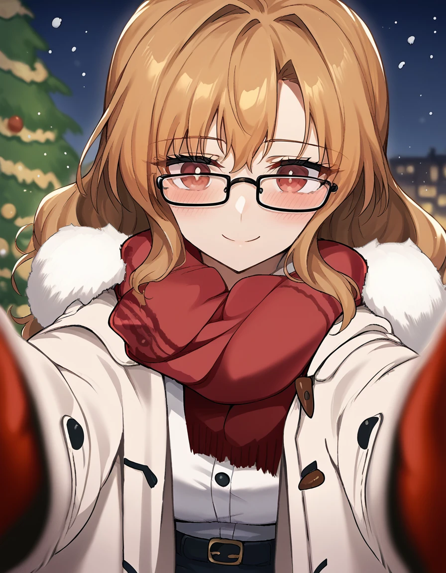 score_9, score_8_up, score_7_up, source_anime, <lora:moeka-kiryu-ingame-ponyxl-lora-nochekaiser:1>, moeka kiryu, long hair, brown hair, red eyes, glasses, large breasts,, <lora:pov-cheek-warming-ponyxl-lora-nochekaiser:1>, pov cheek warming, pov cheek warming (meme), winter gloves, duffel coat, fur-trimmed scarf, winter clothes, red mittens, meme, winter coat, red scarf, fur-trimmed coat, reaching towards viewer, reaching, mittens, fur-trimmed hood, white coat, open coat, scarf, coat, red gloves, snowing, pov, fur trim, depth of field, smile, blush,, christmas, christmas tree, christmas lights,, , dutch angle, cowboy shot