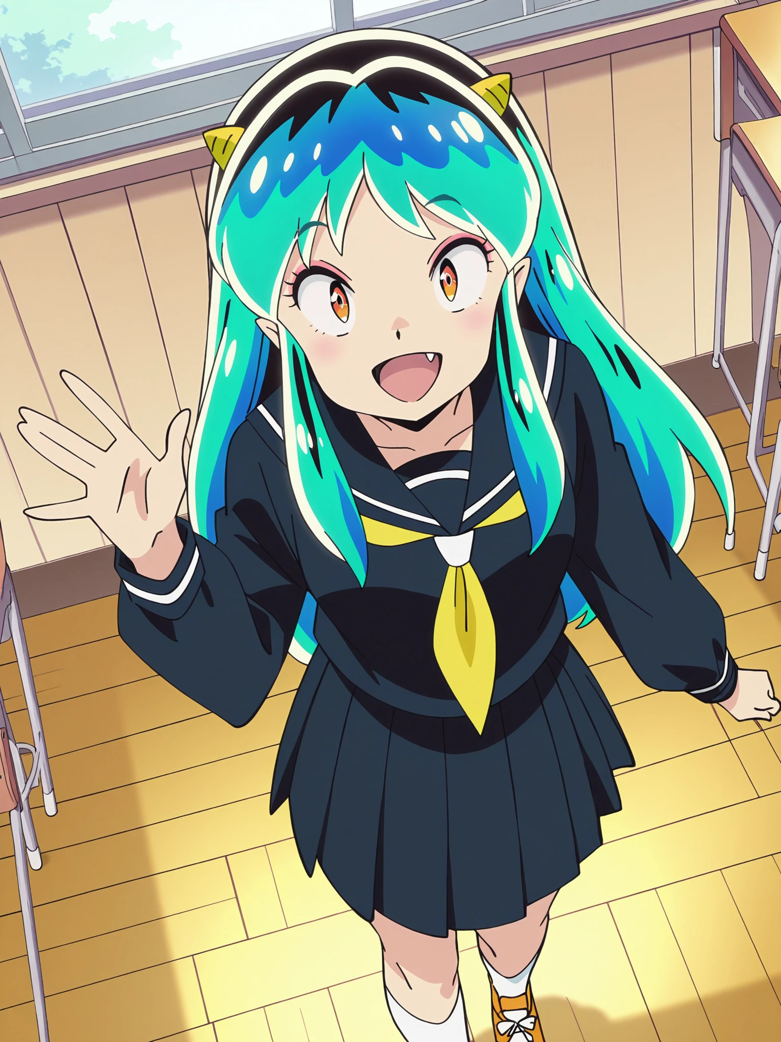 anime screencap, anime coloring, masterpiece, detailed face,
inside, in a classroom,
 <lora:Lum_Urusei_Yatsura_2022_-_Illustrious:.8>1girl, solo, lum, long hair, green hair, aqua hair, multicolored hair, orange eyes, eyeshadow, oni, horns, school uniform, black serafuku, shoes, skirt, socks, sneakers, orange footwear, kneehighs, white socks, long sleeves, pleated skirt,
looking  at the viewer, high angle, waving to the viewer, happy girl, :D, fang, mouth open, expressive facial expression