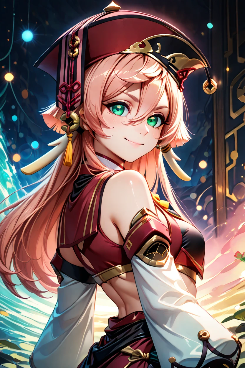 masterpiece, best quality, solo, curvy, beautiful eyes,,<lora:YanfeiGenshinIXL:1.0>, zzYanfei, green eyes, hair between eyes, horns, long hair, pink hair, hat, red headwear, bare shoulders, long sleeves, detached sleeves, crop top, midriff, upper body, side view, smile, looking at viewer, shiny skin,<lora:RealisticAnimeIXL_v2:1.0>, shiny skin, bokeh, luminescent background,