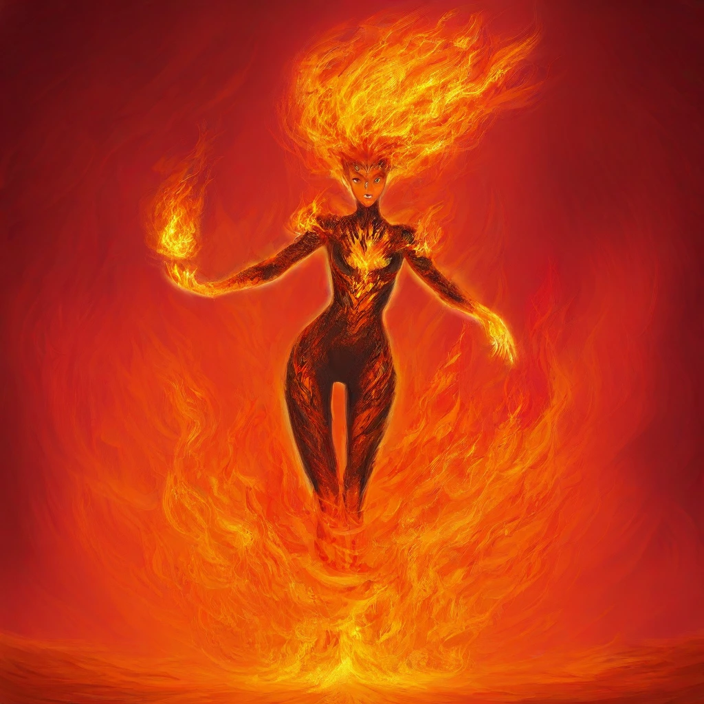 best quality, masterpiece, 1girl, FireelementalIL, fire(theme), fire, flame, fire hair, LivingFlameIL.V1.0, LivingFlameIL.V1.0-female