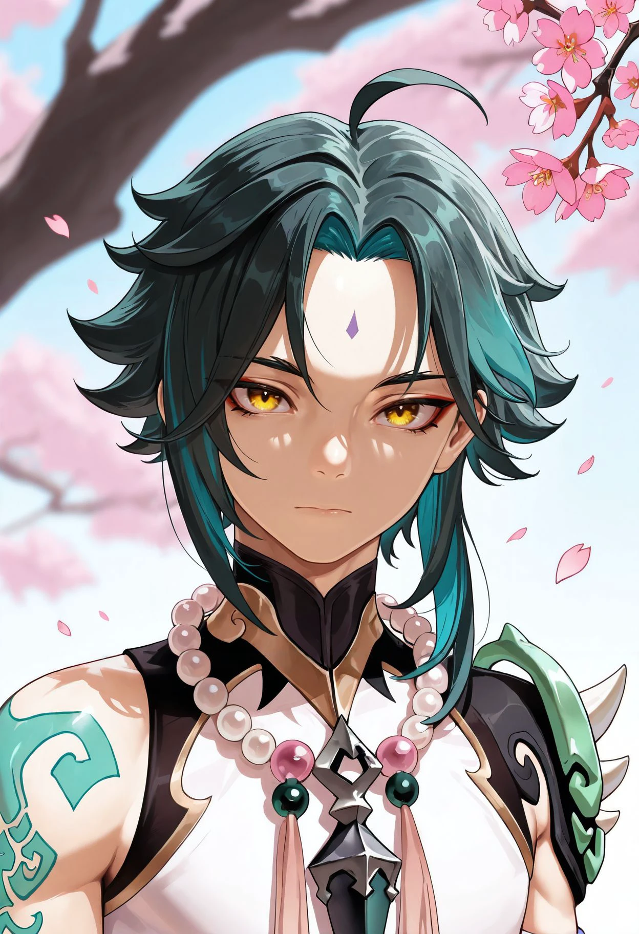 masterpiece,best quality,amazing quality, xiao \(genshin impact\), 1boy, ahoge, bead necklace, beads, black hair, cherry blossoms, closed mouth, facial mark, flower, forehead mark, green hair, jewelry, looking at viewer, male focus, multicolored hair, necklace, petals, pink flower, solo, upper body, yellow eyes