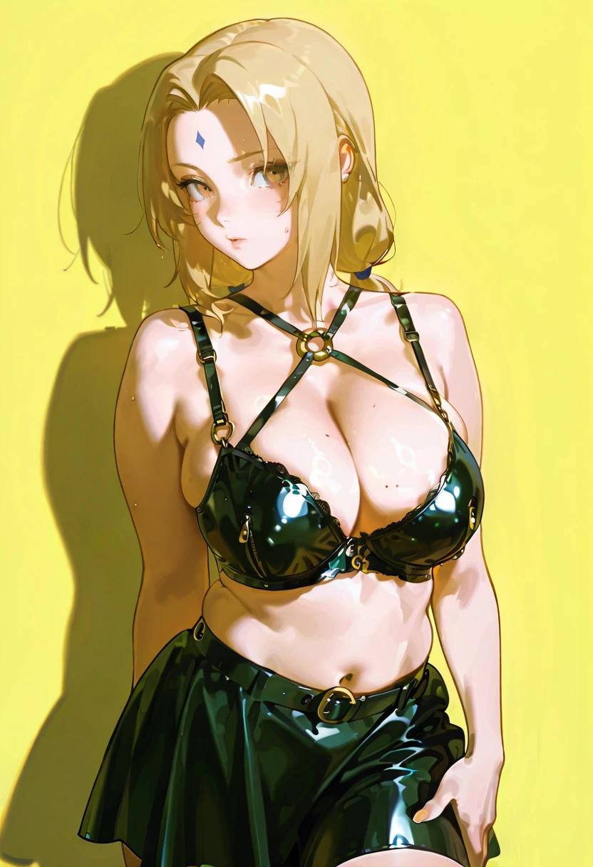 latex padlock bra, skirt, 1girl,solo,konya_karasue,tsunade_(naruto)