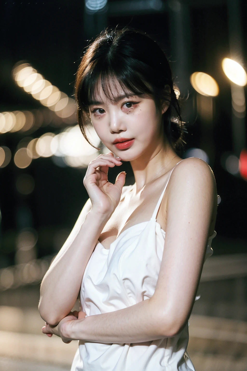 Best quality, masterpiece, ultra high res, (photorealistic), raw photo,1girl, skinny, upper body,solo, realistic, looking at viewer, bokeh background, city streets, mini dress,   <lora:makina69_soojin_v1.0:1>