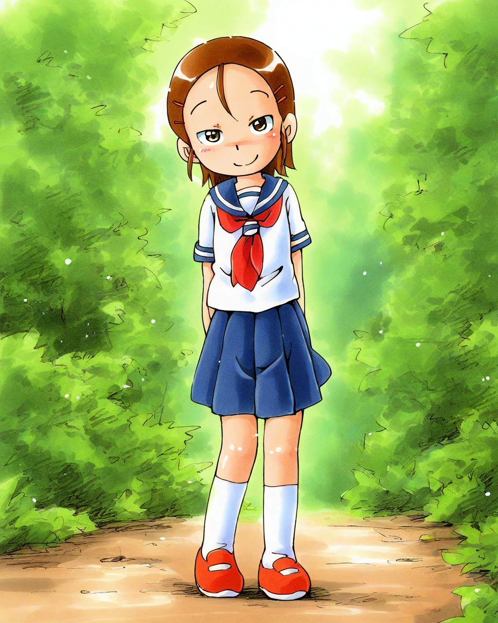 masterpiece, best quality, hoshinofuuta, 1girl, solo, yukaritenkawa, standing, smile, looking at viewer, full body, forest