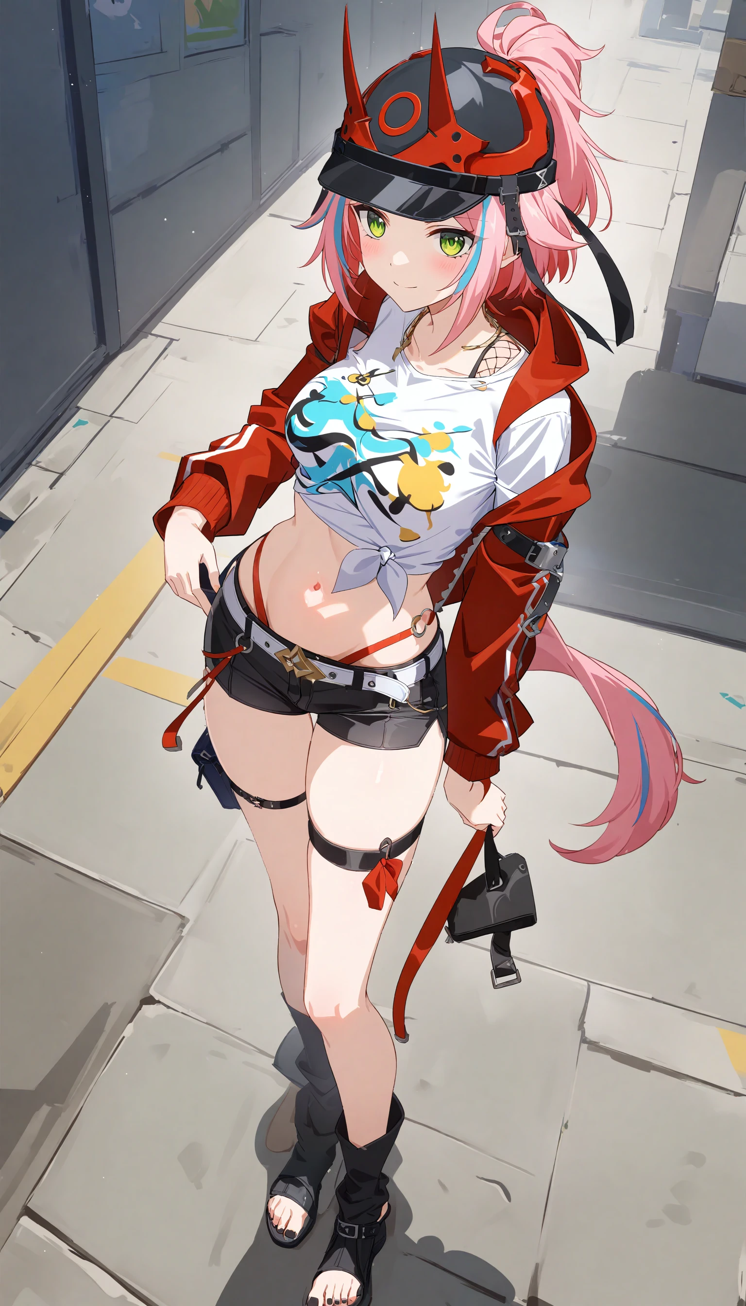 (best quality,8K, masterpiece：1.3),RAPPA,mihoyo,1girl,solo,pink hair,white shirt, short shorts,open jacket, open clothes,red jacket, short sleeves, streaked hair, helmet,tied shirt,black toenail polish,standing