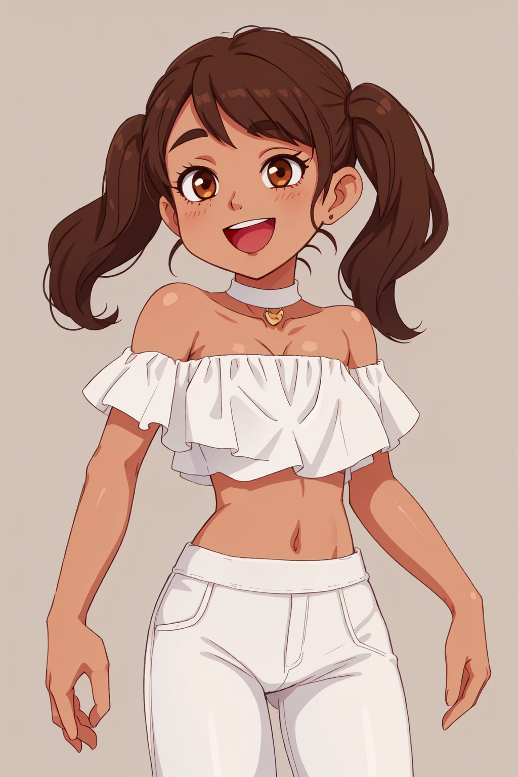 <lora:dsflnc:0.7> dsflnc, 1girl, tan skin, dark brown hair, high twintails, brown eyes, white top, white pants, midriff, flounce neckline, :d, strapless