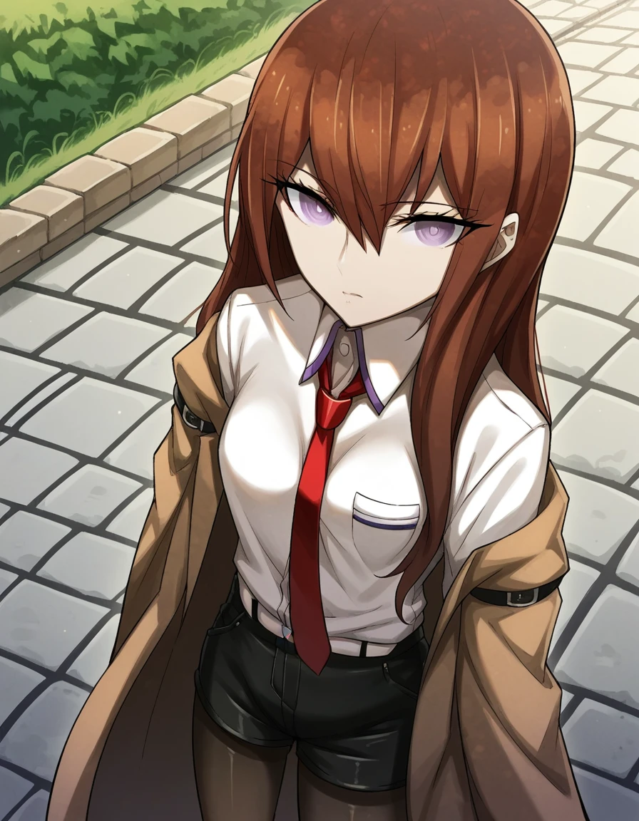 score_9, score_8_up, score_7_up, source_anime, <lora:kurisu-makise-ingame-ponyxl-lora-nochekaiser:1>, kurisu makise, hair between eyes, hair over shoulder, long hair, purple eyes, red hair, straight hair, mature female, small breasts,, black pantyhose, black shorts, brown coat, coat, collared shirt, long sleeves, necktie, pantyhose, pantyhose under shorts, shirt, short shorts, shorts, sleeves past wrists, white shirt, wing collar,, stone walkway, historic, path, cobblestone, footpath, , from above,, looking at viewer, solo,, dutch angle, cowboy shot