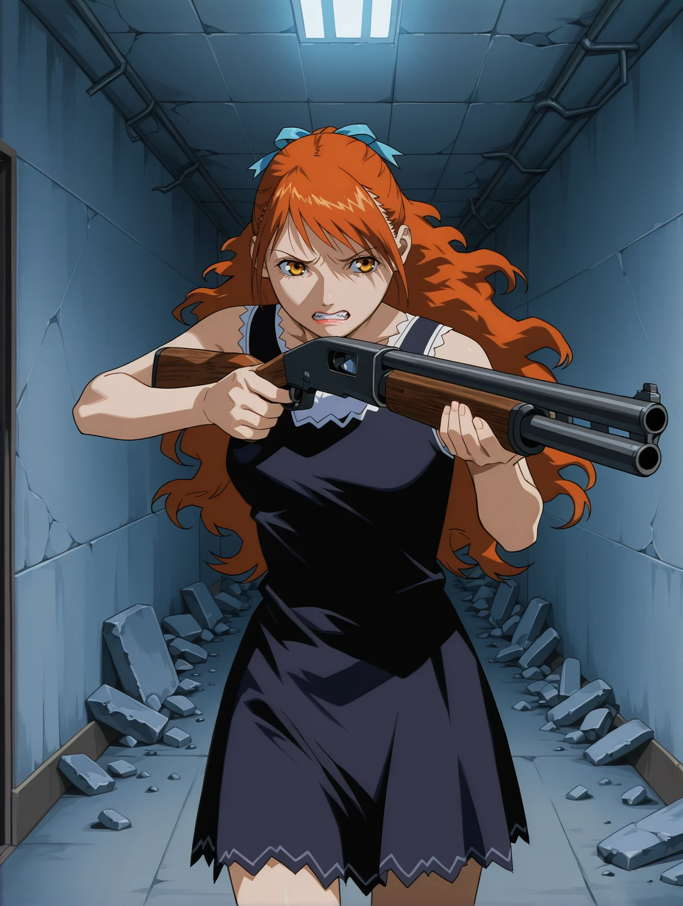 <lora:mikura-momomi-v4-illustrious-000009:0.9> imo0m1, long hair, hair ribbon, sleeveless dress, furrowed brow, clenched teeth, 1girl, solo, aiming, shotgun, hallway, rubble, cowboy shot, masterpiece, best quality