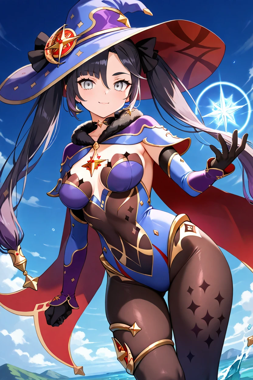 masterpiece, best quality, solo, curvy, beautiful eyes, zzMona, grey eyes, hair between eyes, black hair, hair ornament, long hair, purple hair, twintails, very long hair,  leotard, pantyhose, jewelry, witch hat, gloves,   ,<lora:MonaGenshinIXL:1.0>,dynamic pose, cowboy shot, smile, looking at viewer, shiny skin,