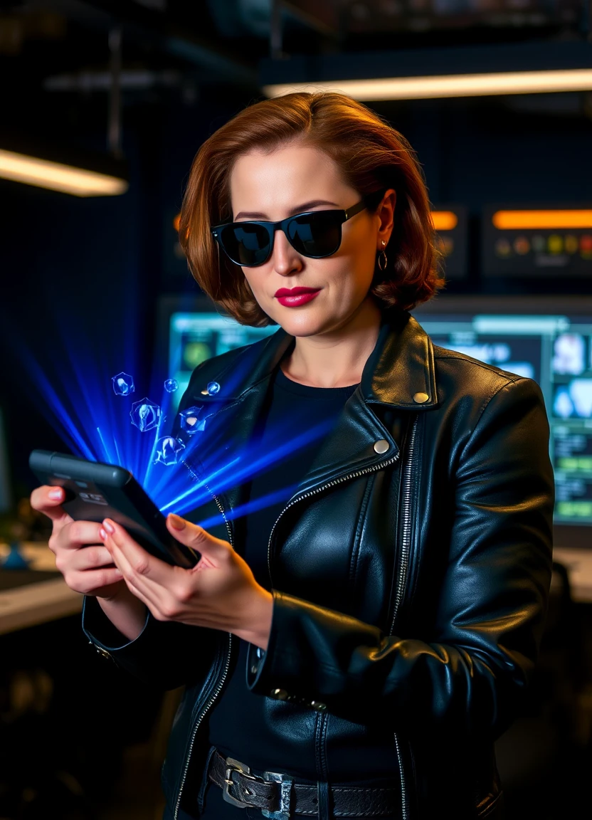 A confident agentscully in a black leather jacket and sunglasses, holding a small gadget emitting holographic displays, standing in a dimly lit, high-tech control room.