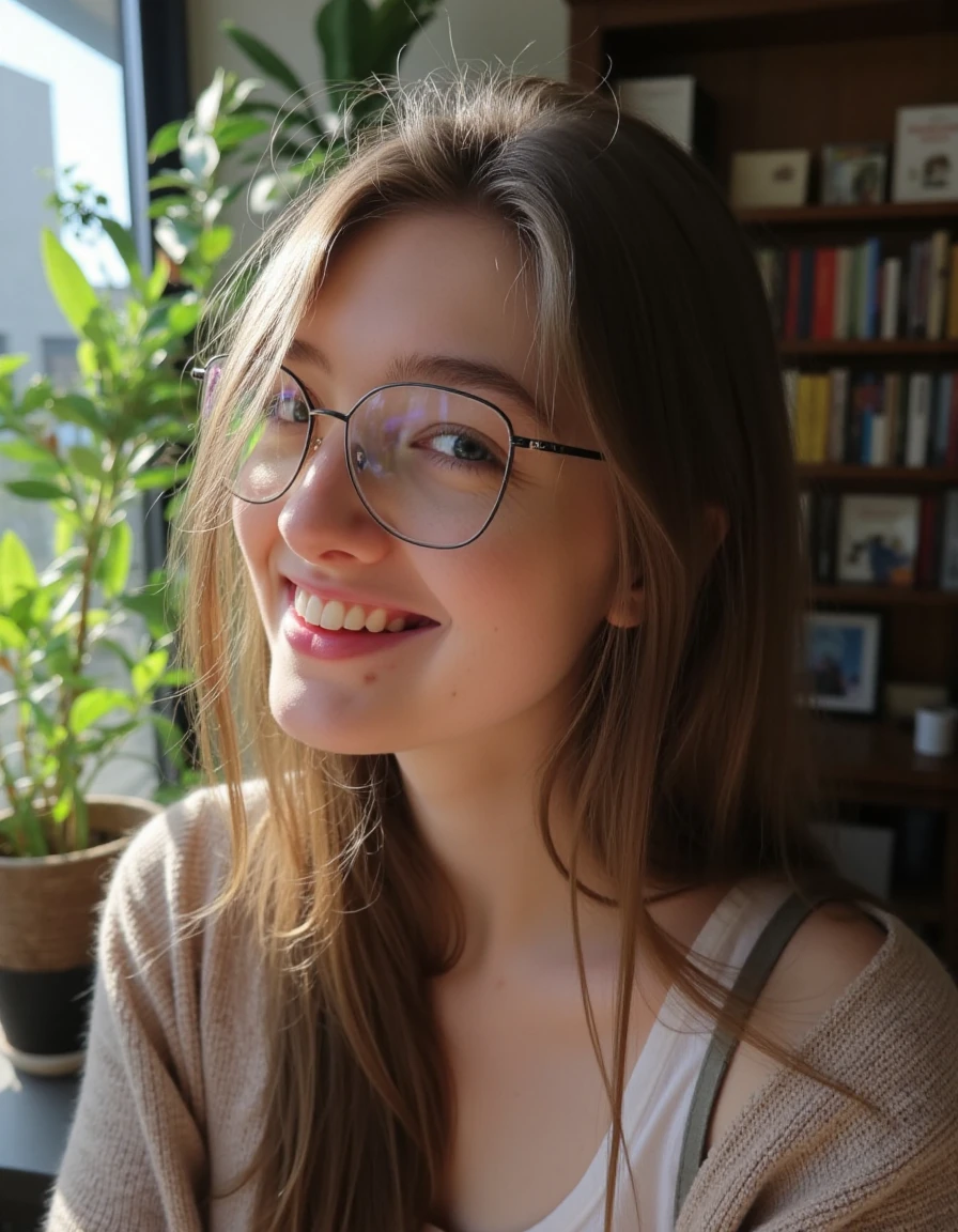 A close-up portrait of S0PH14 sitting by her window, with glasses, with soft natural light gently illuminating her face and creating subtle shadows. She has a relaxed, genuine smile, and her slightly tousled hair adds to her natural charm. She is dressed in casual clothes. The background reveals a cozy room with bookshelves and lush green plants, enhancing the warmth and comfort of the scene.