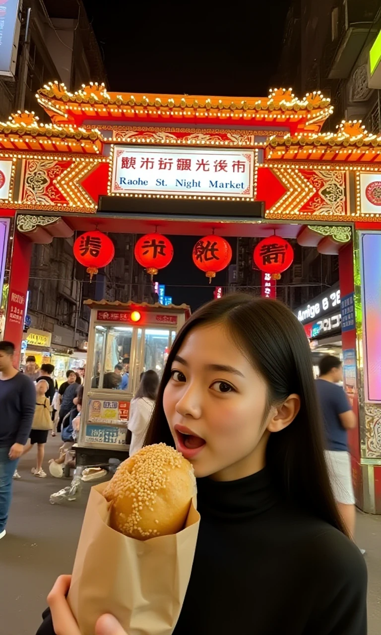 night sky, dark sky, midnight, wide shot, from side, side view, open mouth, she eating a beige pepper bun with dense white sesame in small paper bag, solo, light smile, 1girl, idol, young woman, asian female, black eyes, black hair, long hair, petite, slim, thin, high neck, turtleneck sweater, raohe street night market, chinese archway, messy cityscape, taipei alley, taiwan building, tallest building, asian architecture, <lora:ImitationRaoheStreetNightMarket_flux:1>