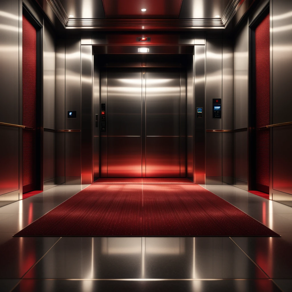 (Simple elevator interior:1.2), Symmetrical composition, Red carpet flooring, (Floor indicator above doors:1.3), Metallic control panel, Polished steel walls, Subtle reflections, (Soft dim lighting:1.2), Shadowed corners, Minimalist details, Subdued ambiance.
<lora:SDXLFaeTastic2400:0.4> <lora:extremely_detailed:0.4> extremely detailed, Masterpiece,best quality,hi res,8k,hi res,8k,award winning,(sharp focus, intricate, highly detailed),