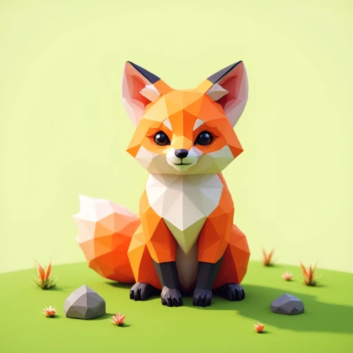 A playful low-poly fox sitting in a grassy field, its body composed of sharp triangles and polygons. Bright orange fur with white and black accents, minimalistic yet expressive eyes, and a geometric bushy tail. The field has a few low-poly flowers and small rocks scattered around