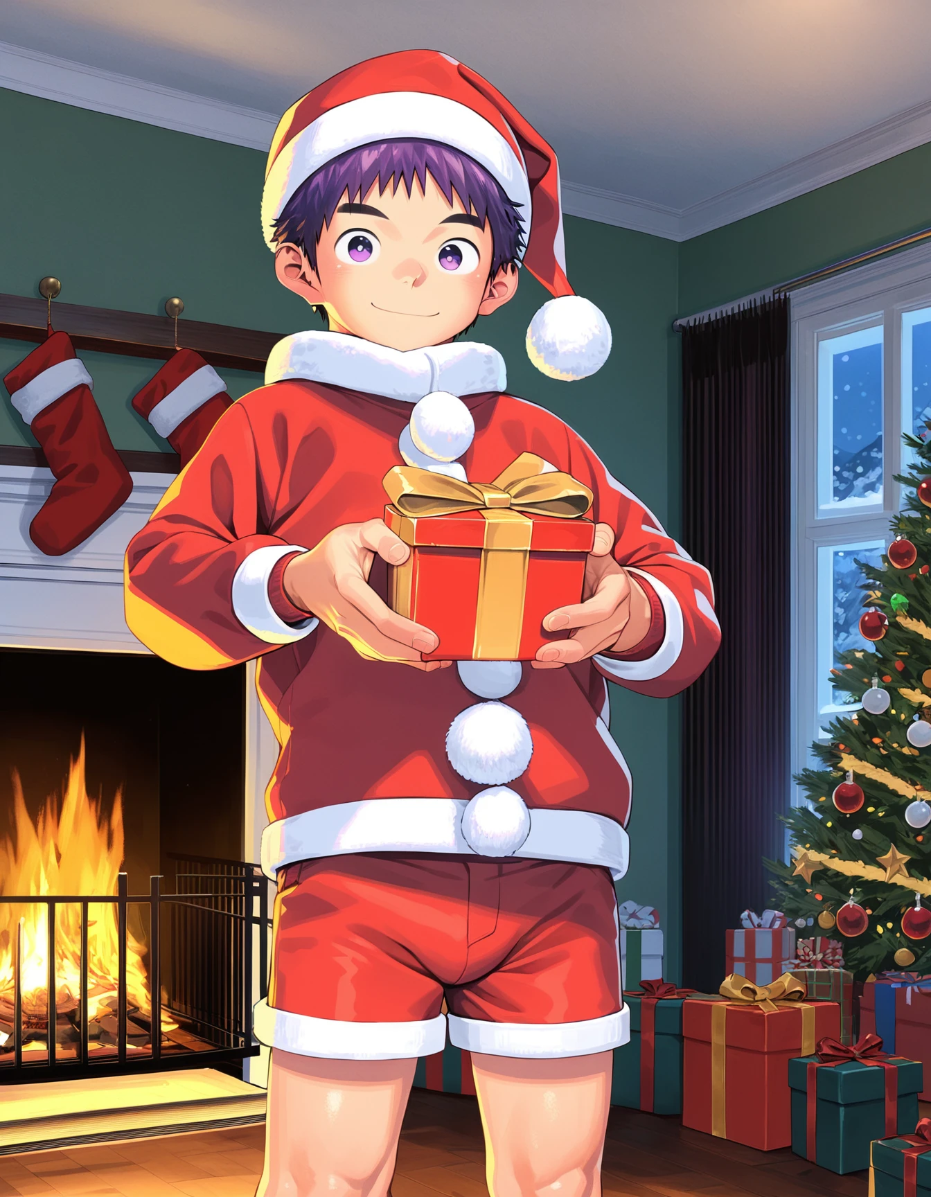 score_9, score_8_up, score_7_up, score_6_up, source_anime, 2020s, indoors, night, fireplace, christmas tree, 1boy, solo, young, purple hair, purple eyes, beautiful eyes, looking at viewer, santa hat, santa costume, red shorts, smile, standing, holding gift <lora:shounen_zoom-amxl-v7Pe-ShoAI:1>