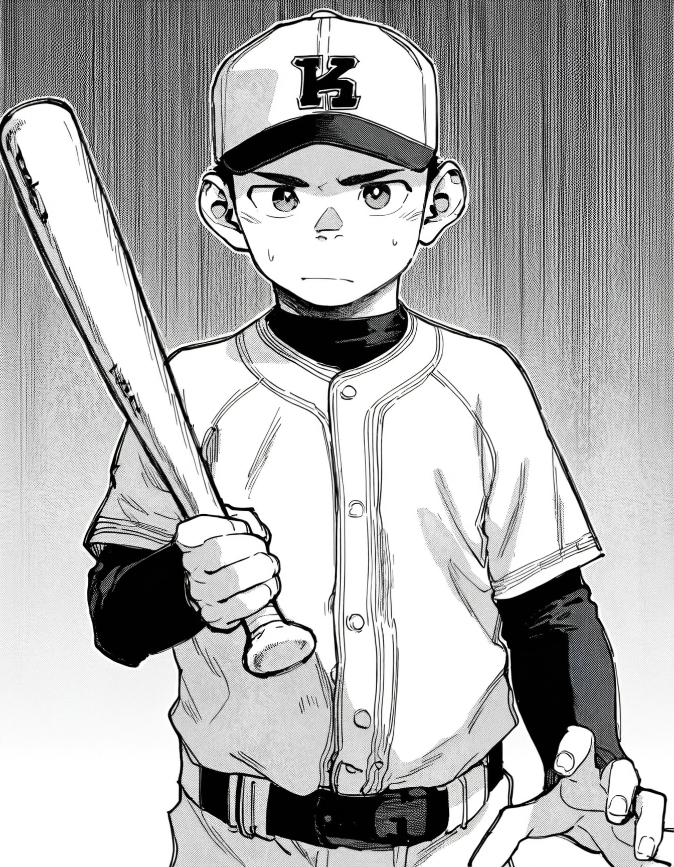 best quality, shounenzoom-style, manga, monochrome, screentones, cowboy shot, 1boy, solo, baseball cap, baseball uniform, holding baseball bat, looking at viewer, sweatdrop, closed mouth <lora:shounen_zoom-naixl-v7Nc-ShoAI:1>