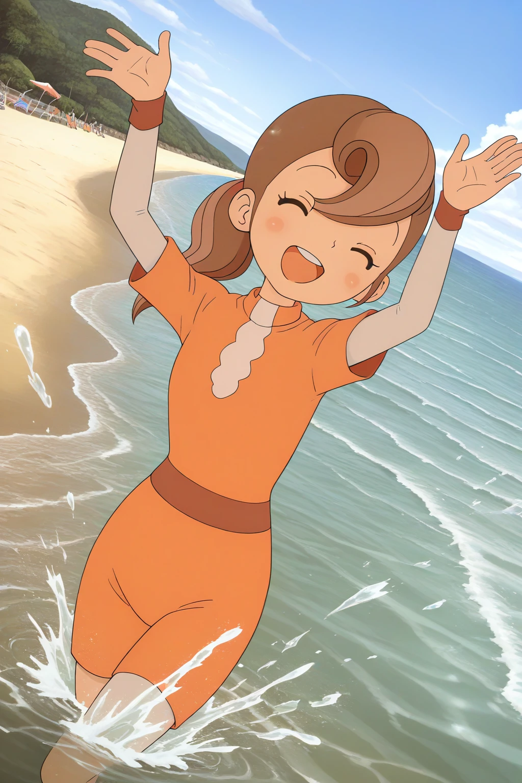 masterpiece, best quality, amazing quality, absurdres, solo, florareinhold, smile, open mouth, splashing, in water, closed eyes, arms up, dutch angle, brown hair, black eyes, orange swimsuit, outdoors, beach, ocean, day, sunny