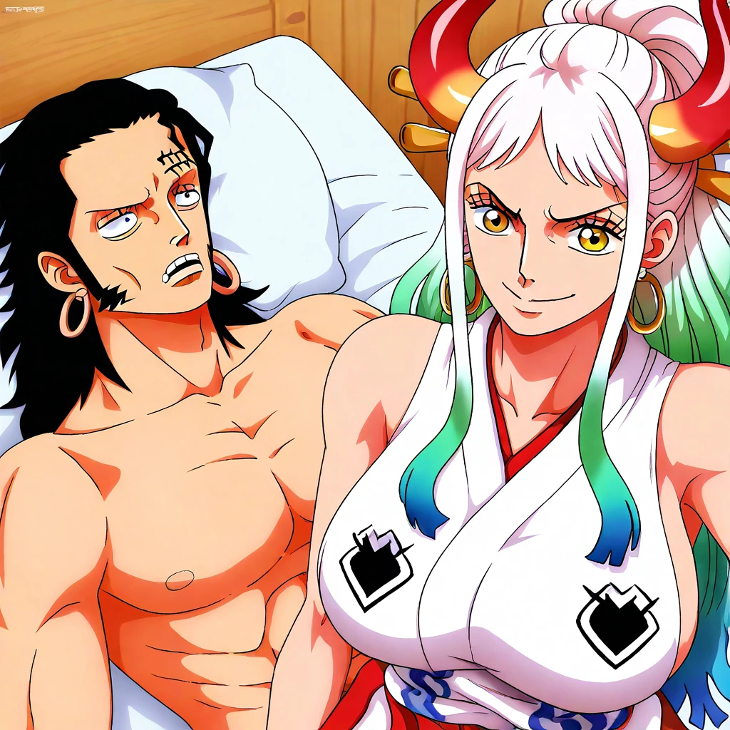 Masterpiece, best quality, anime, anime style, GuyTiredAfterShrex-IL, 1girl, yamato \(one piece\), curled horns, red horns, multicolored horns, orange eyes, white hair, green hair, long hair, multicolored hair, aqua hair, gradient hair, blue hair, sidelocks, ponytail, high ponytail, hair stick, large breasts, sleeveless kimono, bare shoulders, hoop earrings, earrings, shimenawa, toned BREAK 1boy, Ace \(one piece\), black hair, tired, lying, lying on bed,