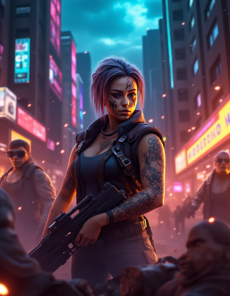 <lora:cyberpunk_512_dev_f1_k:1> Dramatic Scene, Futuristic Cityscape, Tattooed Gunman in Mid-Fight, Blazing Neon Lights, Smoke and Flames, Dynamic Camera Angle, Highly Detailed Characters, Volumetric Lighting, Action-Packed